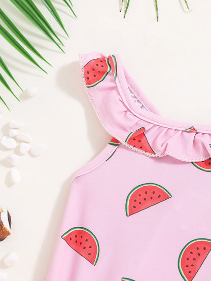 Halter-Neck Watermelon-Print, Polyester, For Summer Beach Days – Plush Sturdy Baby Girls’ Swimsuit