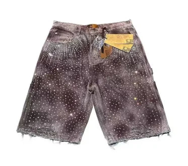 Women's Relaxed Denim Shorts - Straight Knee-Length Cut, Rhinestone Cross Applique, Frayed Hem For Streetwear
