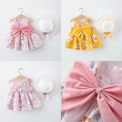 Plush baby girls dress - sleeveless, floral bow-embellished, cotton-polyester blend, for summer outings