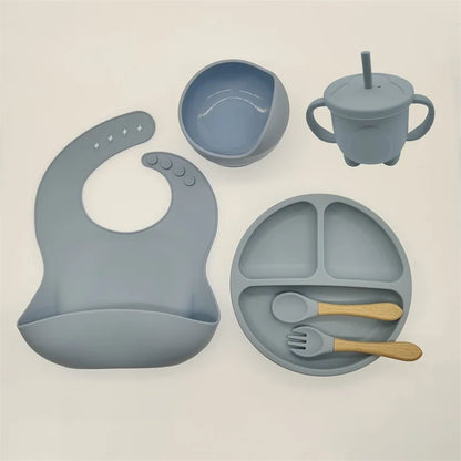 Baby Silicone Tableware Kit 8 Piece Suction Bowls Divided Plate Bib Spoon Fork Fall 2025 Self Feeding Aid