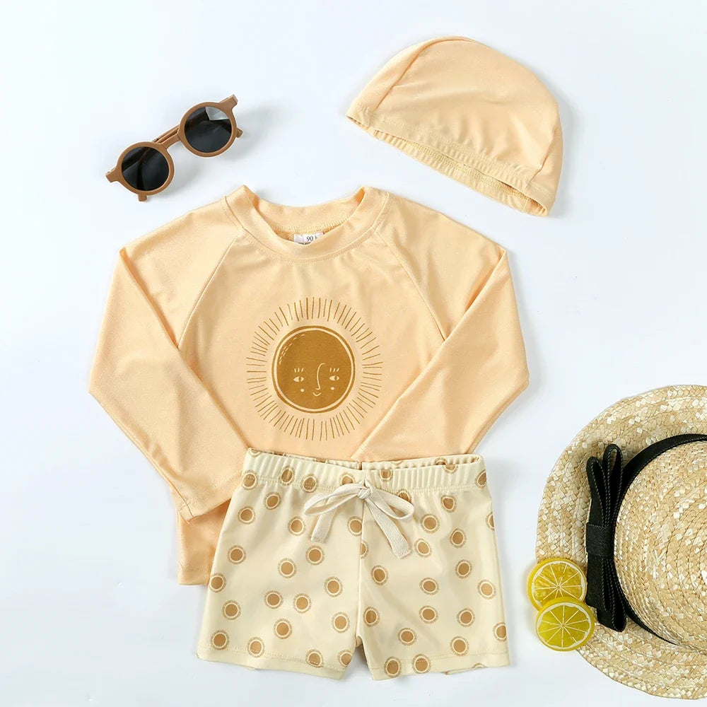 Long-Sleeve Top, Swim Pants, Hat, Polyester Elastane, Beach Vacation – Breathable Kids Rash Guard Swim Kit