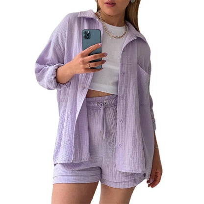 Women Two-Piece Kit Orange Wrinkled Lapel Shirt & High-Waisted Shorts Fashion Suit