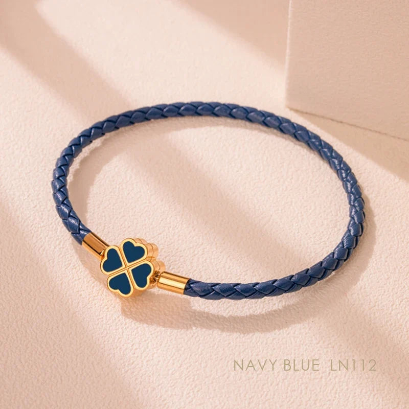 Leaf Four Clover Braided Leather Lucky Bracelet Gift