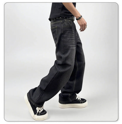 Men's Oversized Jeans - Straight Cut, Washed Denim, Autumn