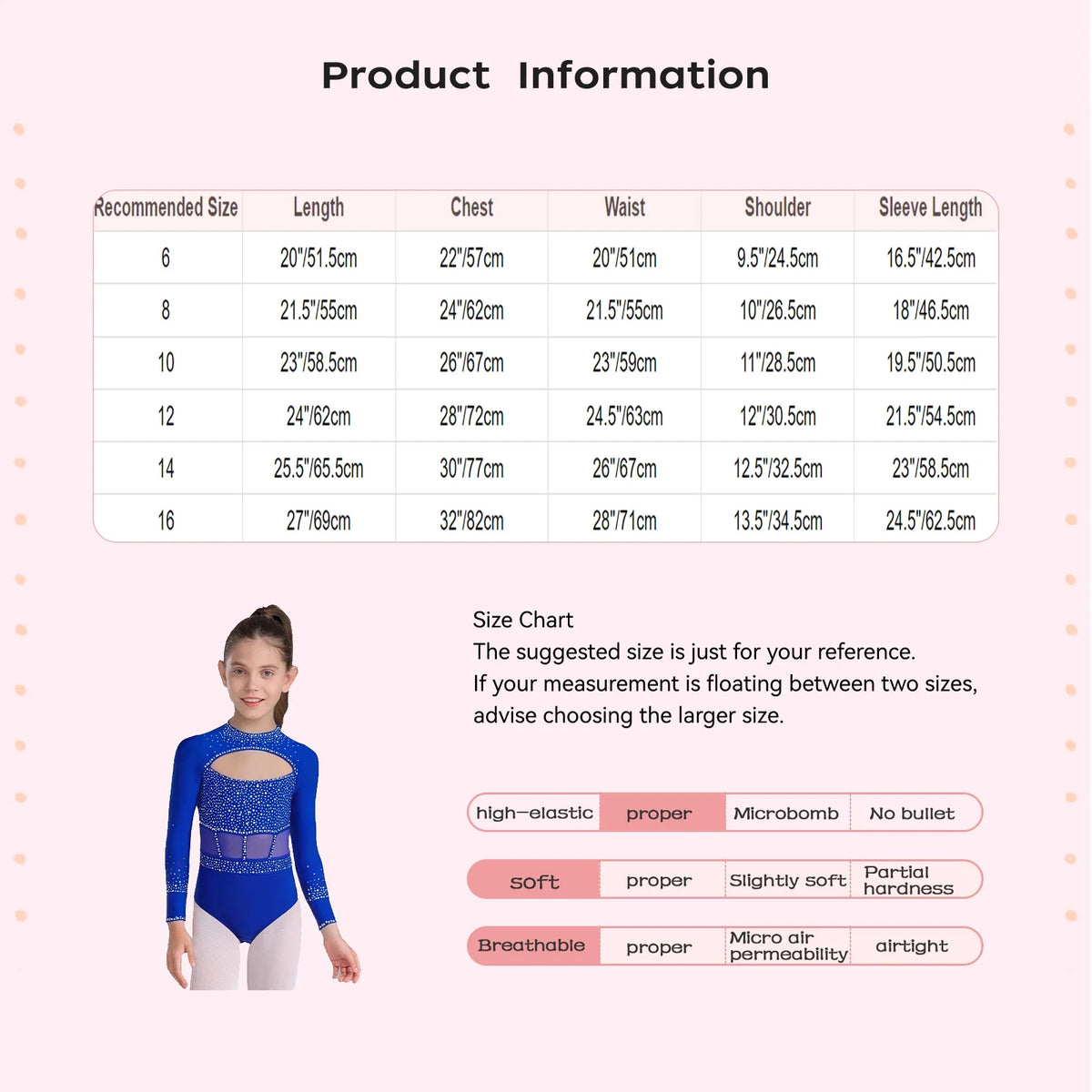 Girls' Stretchy Leotard - flattering, rhinestone-detailed, long-sleeve, mesh-panel, polyester elastane, for gymnastics