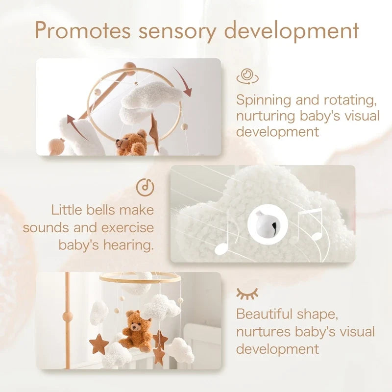 Crib Wooden Mobile Felt Bear Musical Newborn Sensory Toys