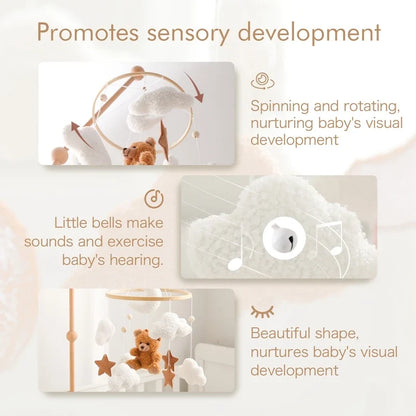 Crib Wooden Mobile Felt Bear Musical Newborn Sensory Toys