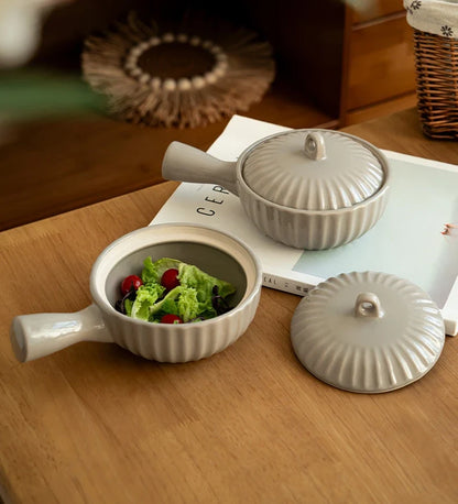 Single Ceramic Handle Bowl With Lid Japanese Style