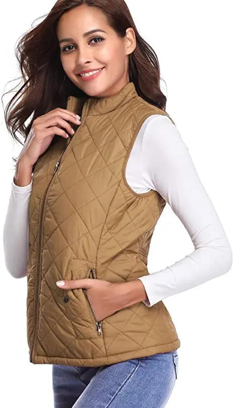 Light Women Quilted Vest - Stand Collar Cotton Winter