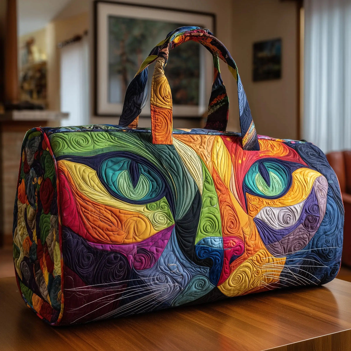 Plush Unisex Travel Tote - Quilted, Cat-Embroidered Fabric, For Beach, Hiking, Camping