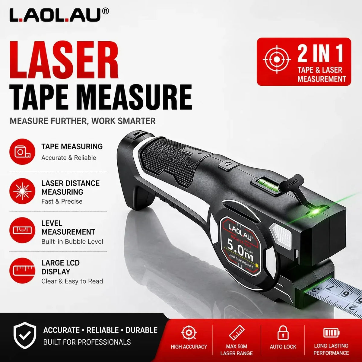 Type-C Battery-Powered Class II Laser Auto-Lock Device 2026 – LAOLAU 2-in-1 Laser Tape Measure 5M/16FT