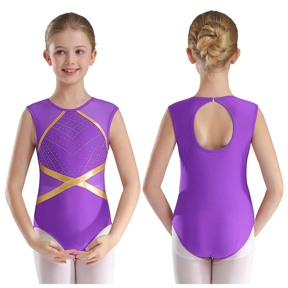 Girls' Stretchy Leotard - flattering, rhinestone-detailed, long-sleeve, mesh-panel, polyester elastane, for gymnastics