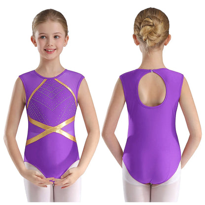 Girls' Stretchy Leotard - flattering, rhinestone-detailed, long-sleeve, mesh-panel, polyester elastane, for gymnastics