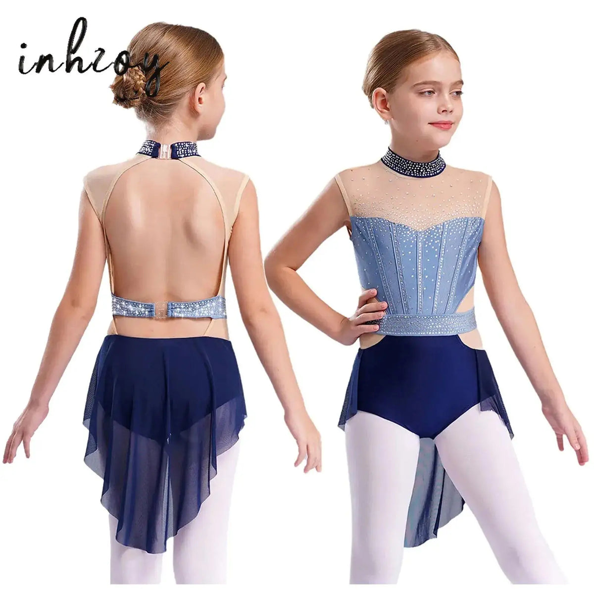 Flattering Stretchy Girls' Dance Leotard - Sleeveless Rhinestone Mesh Top, Polyester, Nylon, Elastane, For Competition