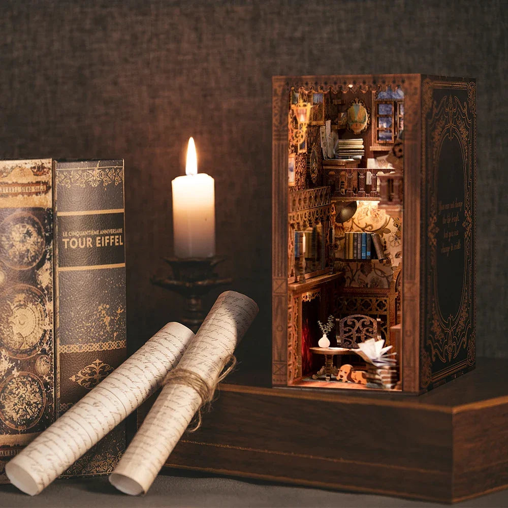 Book DIY Nook Kit Wooden Miniature Shelf Insert Roombox Dollhouse Model Holiday 2025 Cozy Library Gift