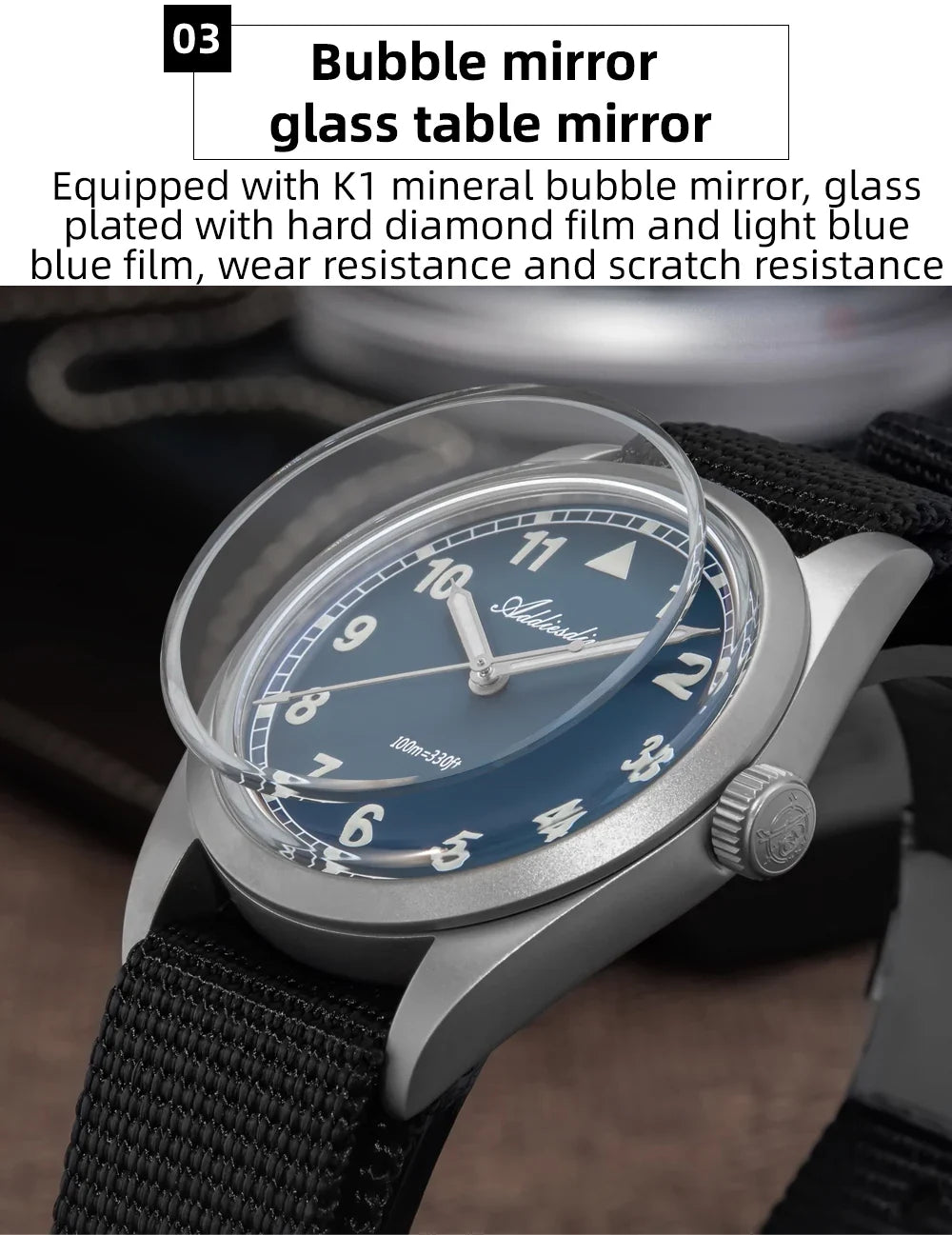 Water-Resistant Diver Quartz Watch Luminous Hands, Nylon Strap, 100m Water Resistance