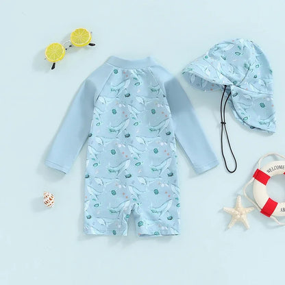Fast-Dry Baby Rash Guard Swimsuit Kit With Sun Hat - Long Sleeve, Polyester, For Beach And Sun Protection