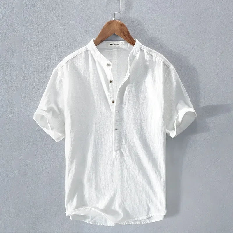 Cotton Breathable Linen Shirt High End Loose Fit, Short Sleeves Half-Open Collar