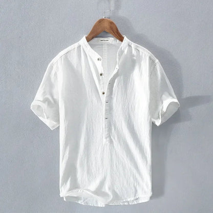 Cotton Breathable Linen Shirt High End Loose Fit, Short Sleeves Half-Open Collar