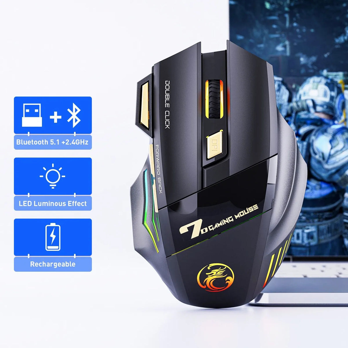 Cordless Gaming Mouse 3200DPI Dual Mode Battery-Powered