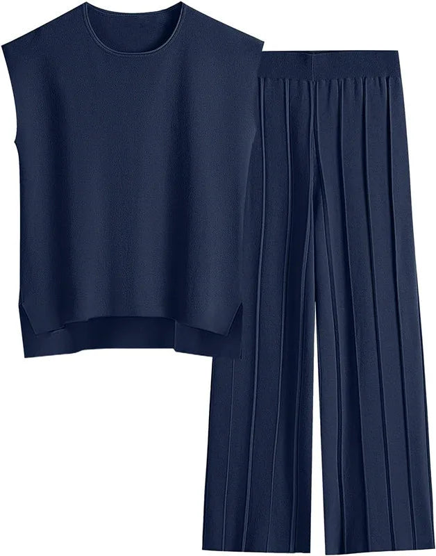 Sleeveless Round-Neck Knit Top, High-Waist Wide-Leg Trousers For Summer – Plush Relaxed Women’s Two-Piece Pant Kit