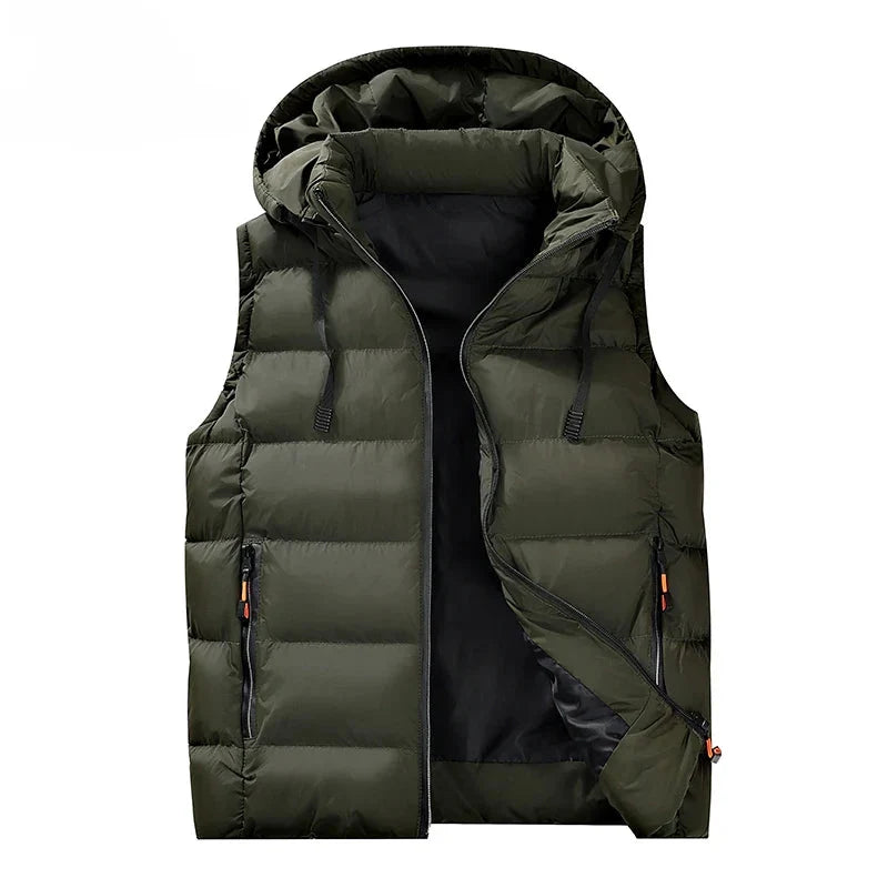 Men’s Warm Hooded Vest - Quilted Polyester, Winter Layering