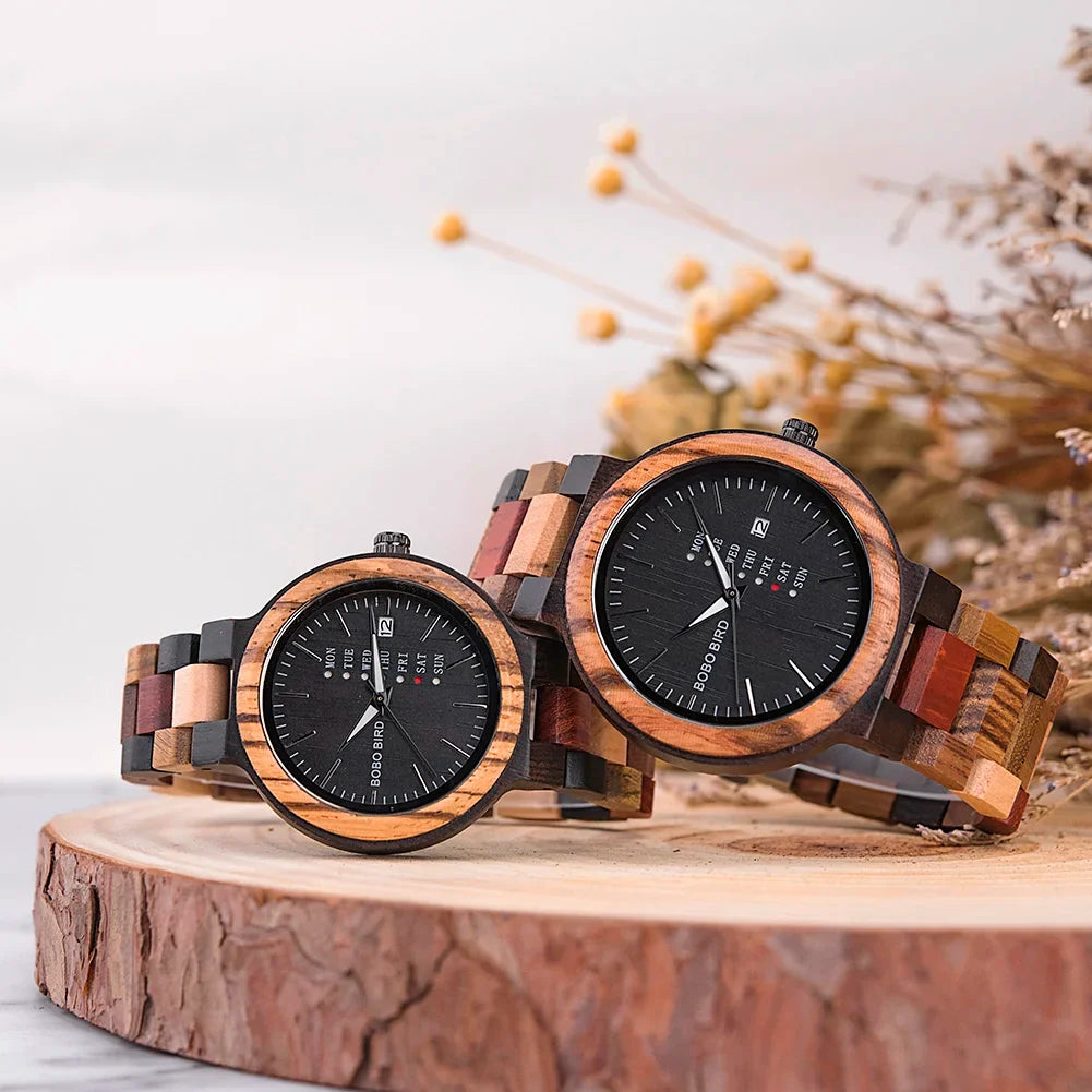 Couple Wooden Watches Handmade Quartz Date Unisex Display