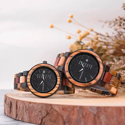 Couple Wooden Watches Handmade Quartz Date Unisex Display
