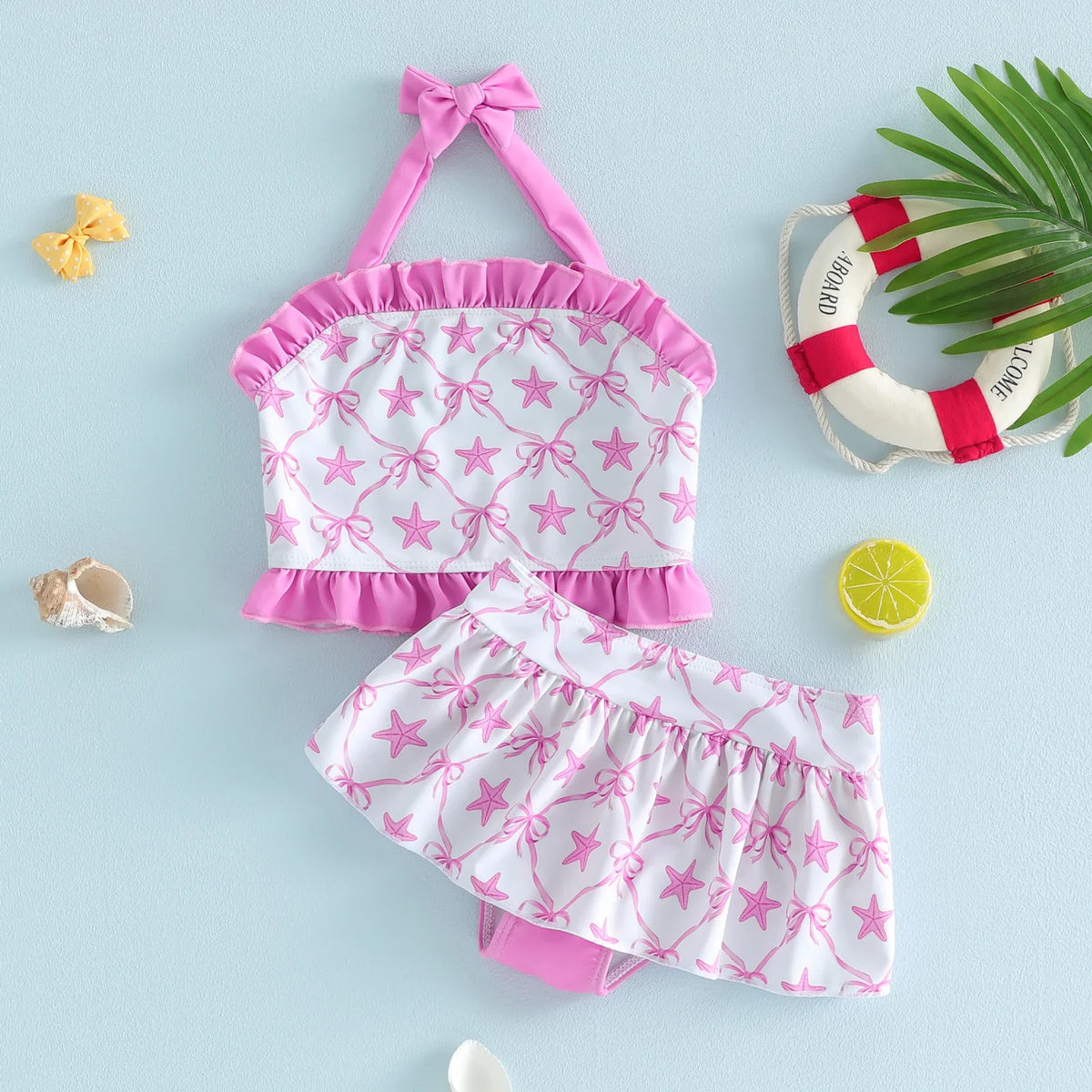 Light girls' bikini set - halter top, starfish print, ruffle trim, polyester, for summer beach