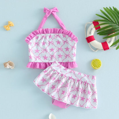 Light girls' bikini set - halter top, starfish print, ruffle trim, polyester, for summer beach
