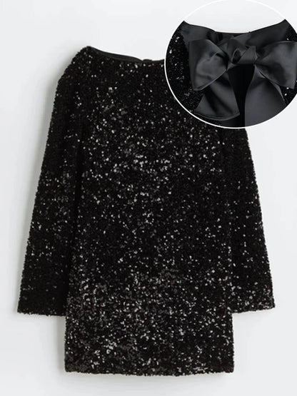 Variant image for Iridescent Sequined Black Dress with Knot Closure, Elegant Formal Wedding Guest or Cocktail Dress for Women-13