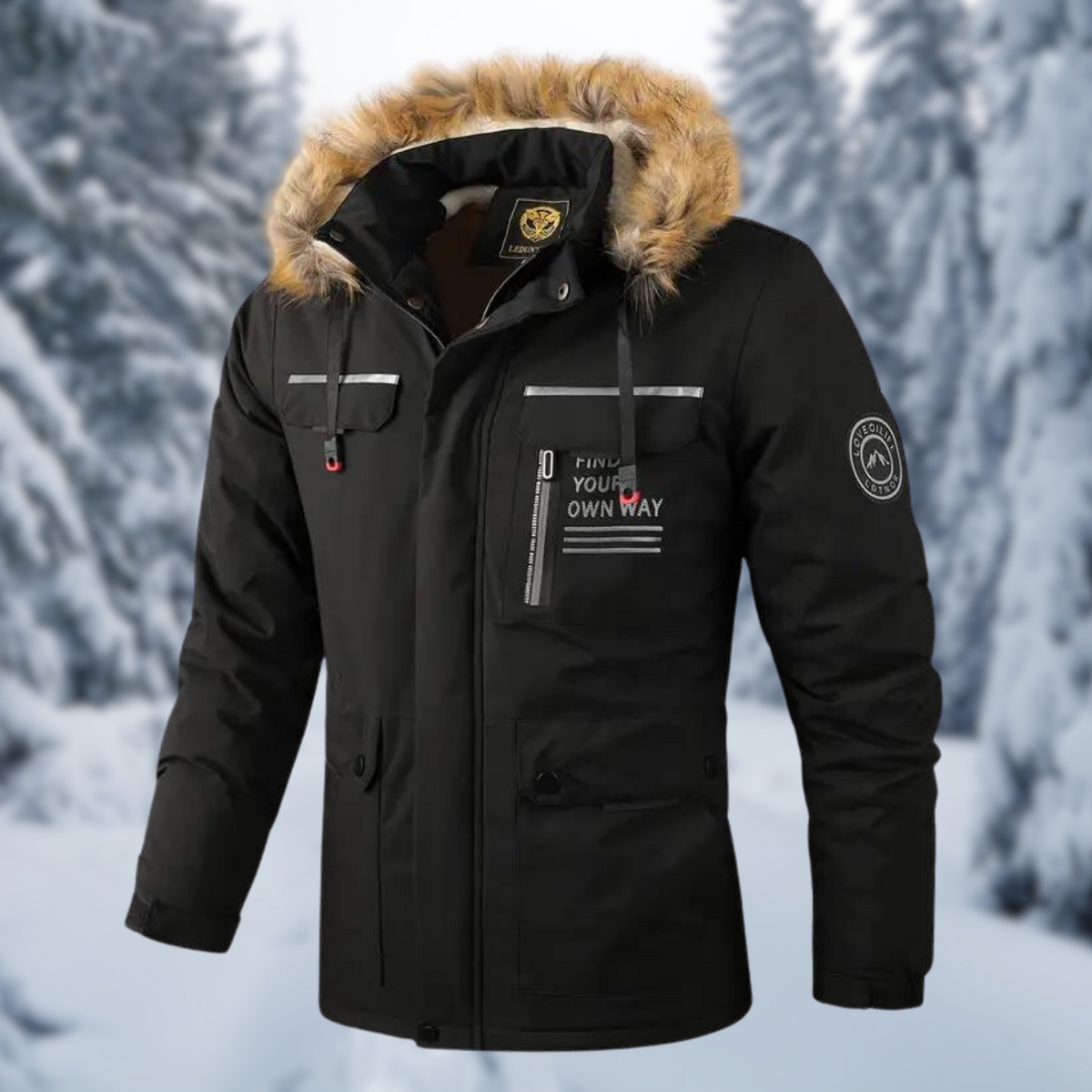 Men's Warm Parka - Hooded Faux Fur, Polyester, Winter