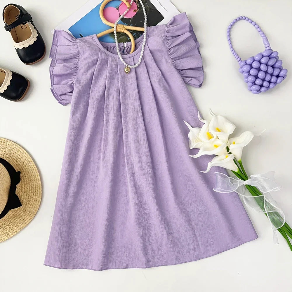 Plush girls' dress - princess, pleated, round-necked, polyester, summer party wear