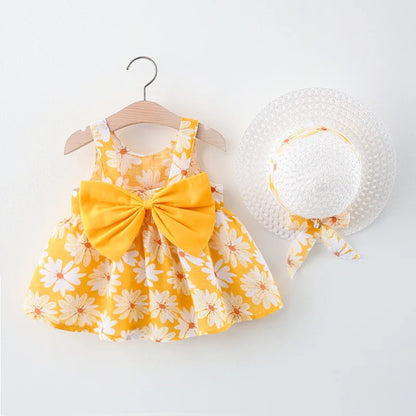 Plush baby girls dress - sleeveless, floral bow-embellished, cotton-polyester blend, for summer outings