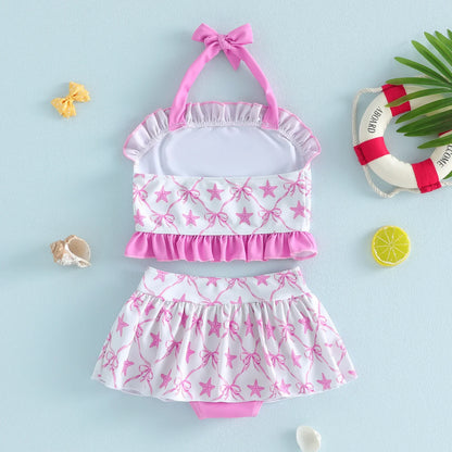 Light girls' bikini set - halter top, starfish print, ruffle trim, polyester, for summer beach