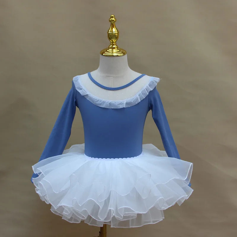 Light girls ballet leotard set - puff-sleeve top, tulle tutu skirt, polyester, for dance class