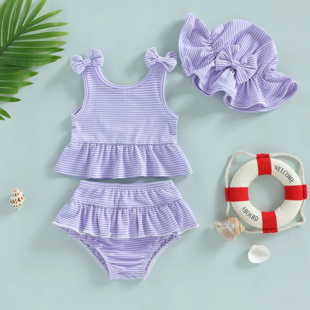 Plush Toddler Girls' Bikini Kit - Striped Tank Top With Ruffle, Matching Bottom, Hat, Polyester-Elastane, Summer Swimwear