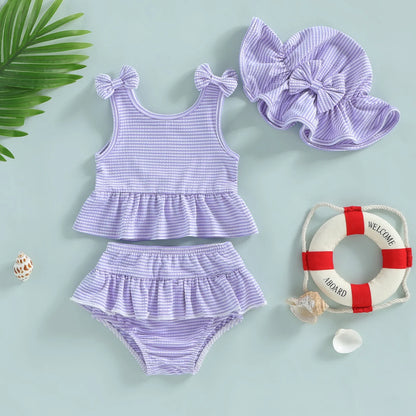 Plush Toddler Girls' Bikini Kit - Striped Tank Top With Ruffle, Matching Bottom, Hat, Polyester-Elastane, Summer Swimwear