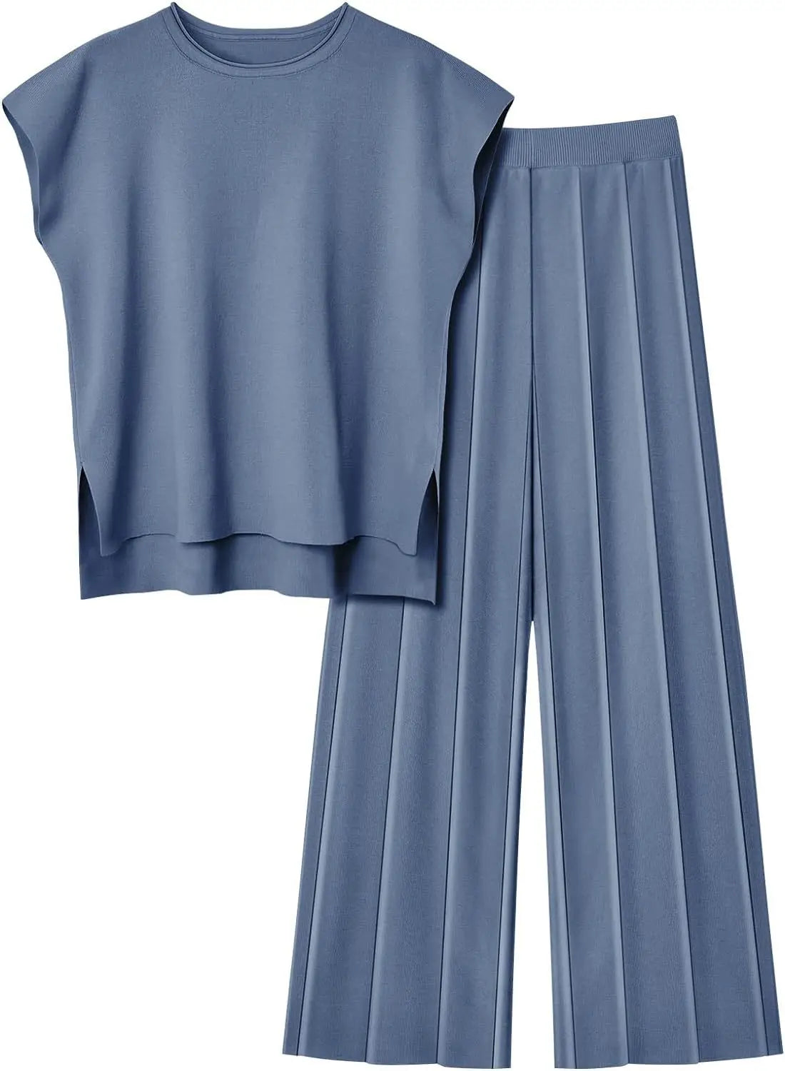 Sleeveless Round-Neck Knit Top, High-Waist Wide-Leg Trousers For Summer – Plush Relaxed Women’s Two-Piece Pant Kit