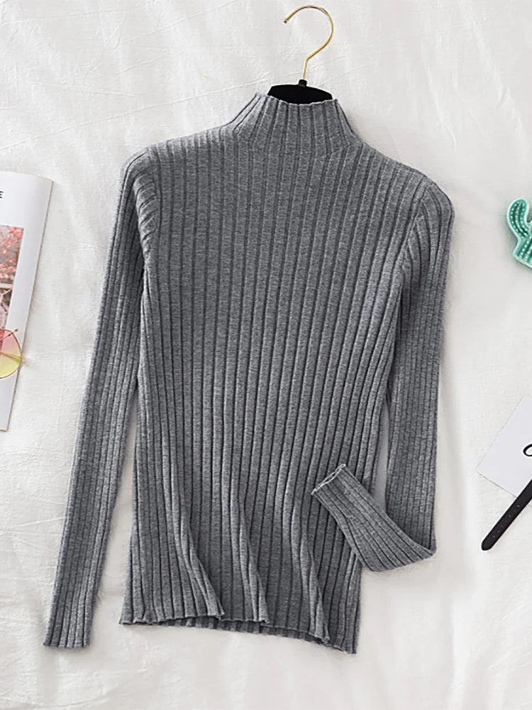 Flattering Stretchy Women Ribbed Sweater - Mock Neck, Knit