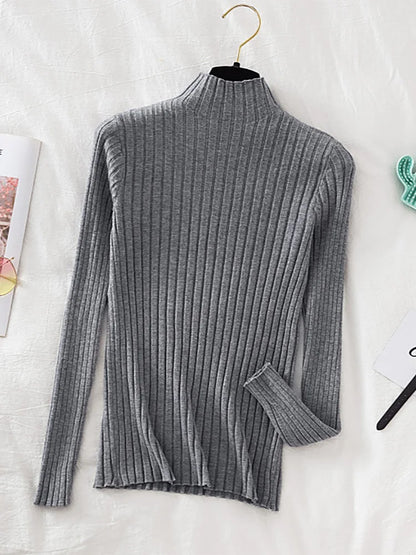 Flattering Stretchy Women Ribbed Sweater - Mock Neck, Knit