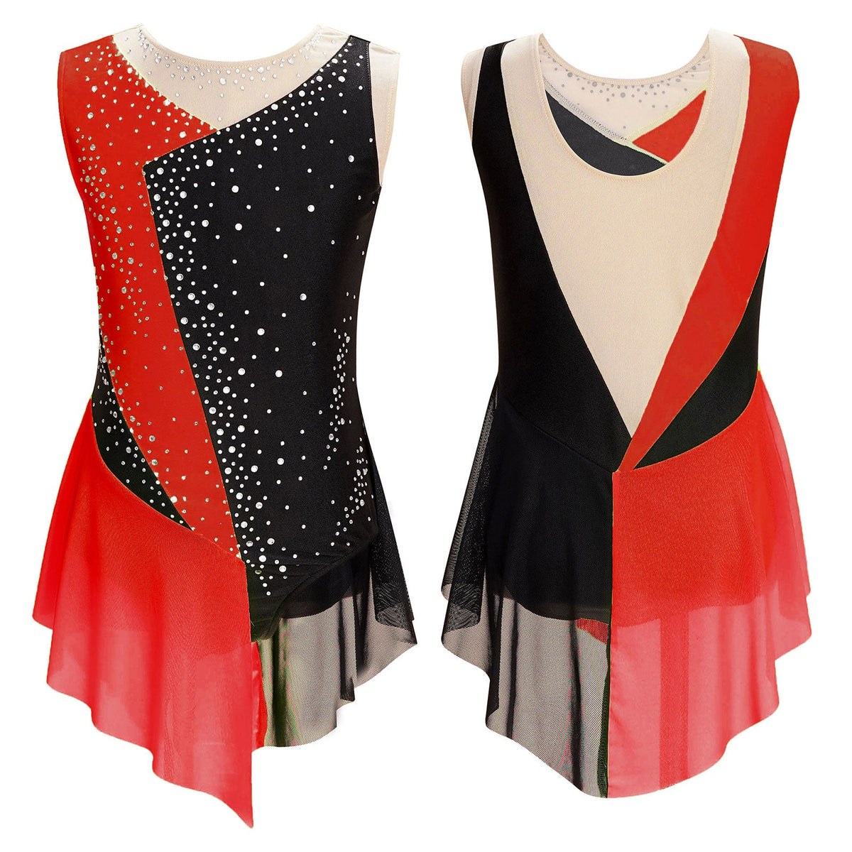 girls' Stretchy leotard - rhinestone mesh yoke, sleeveless, polyester, nylon, elastane, for lyrical dance performance
