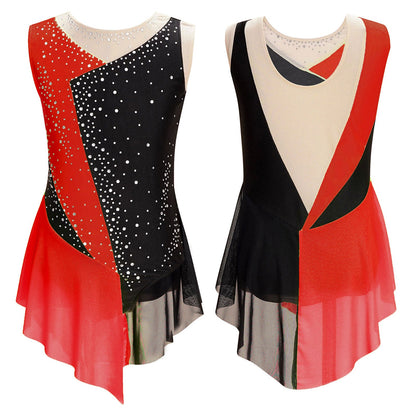 girls' Stretchy leotard - rhinestone mesh yoke, sleeveless, polyester, nylon, elastane, for lyrical dance performance