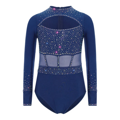 Girls' Stretchy Leotard - flattering, rhinestone-detailed, long-sleeve, mesh-panel, polyester elastane, for gymnastics