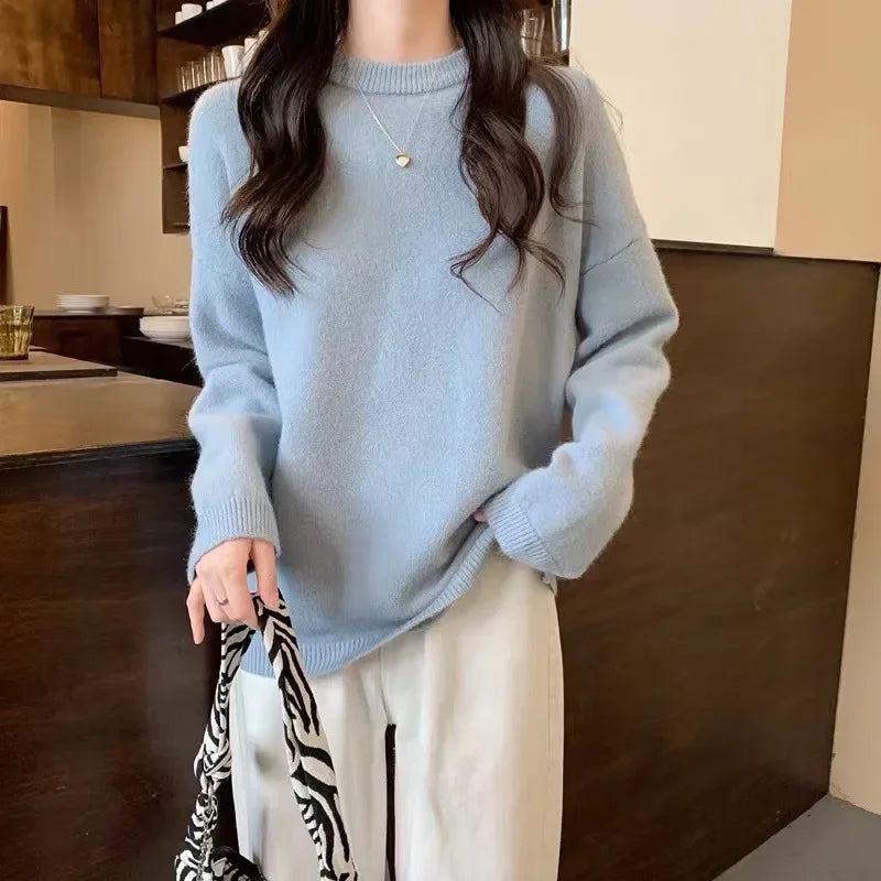 Oversized Cozy Women’s Pullover Sweater - Round Neck Knit