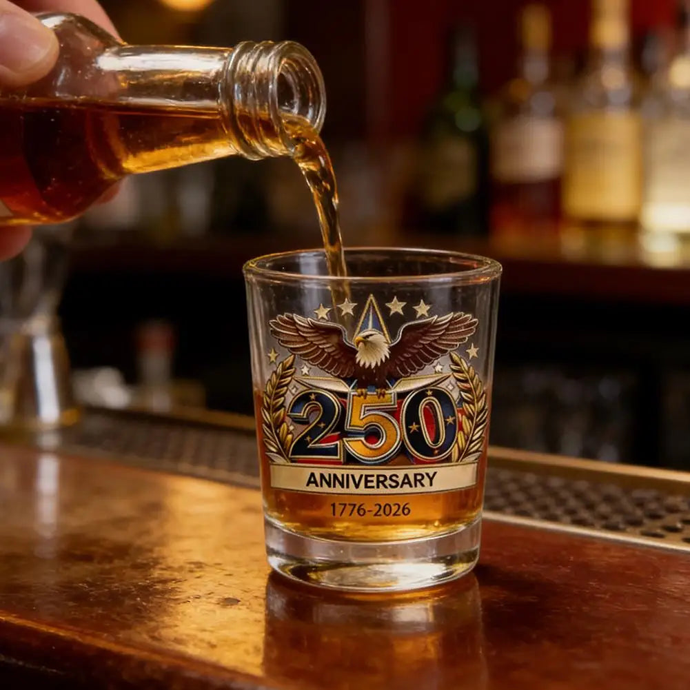 Whiskey Patriotic Glass Hand Blown Eagle Glassware USA 250th Anniversary Rotating Cup Gift Idea