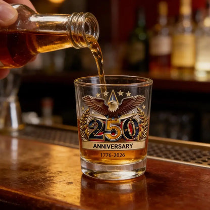 Whiskey Patriotic Glass Hand Blown Eagle Glassware USA 250th Anniversary Rotating Cup Gift Idea