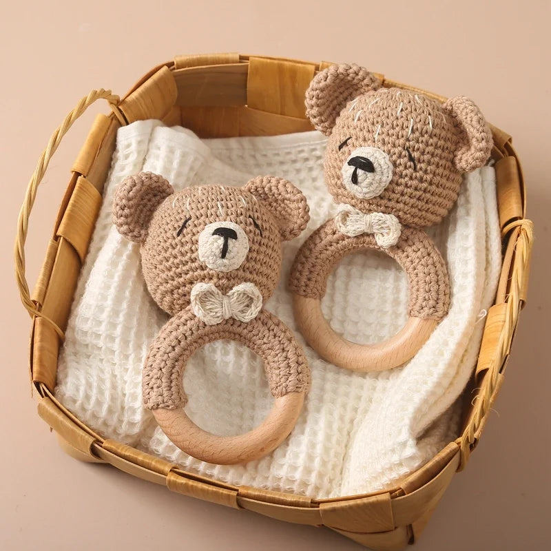 Bear Crochet Teether Rattle Ring Newborn Sensory Toys