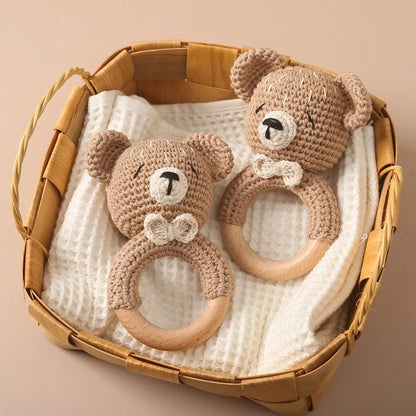 Bear Crochet Teether Rattle Ring Newborn Sensory Toys