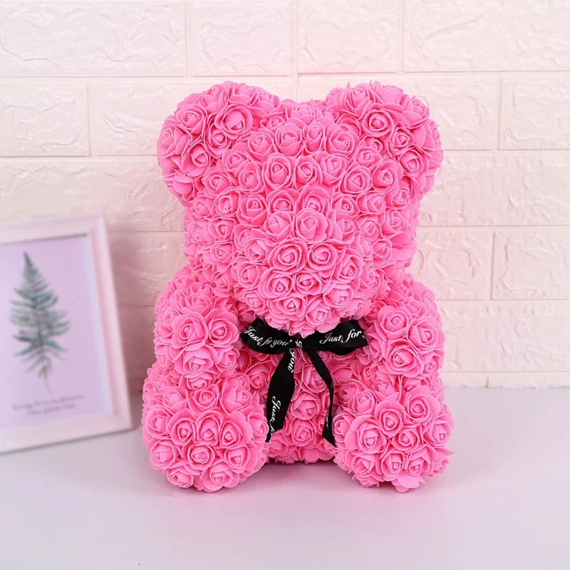 Rose Faux Teddy Bear with Gift Box and Lights - Romantic Anniversary or Valentine's Day Gift, Wedding Decor